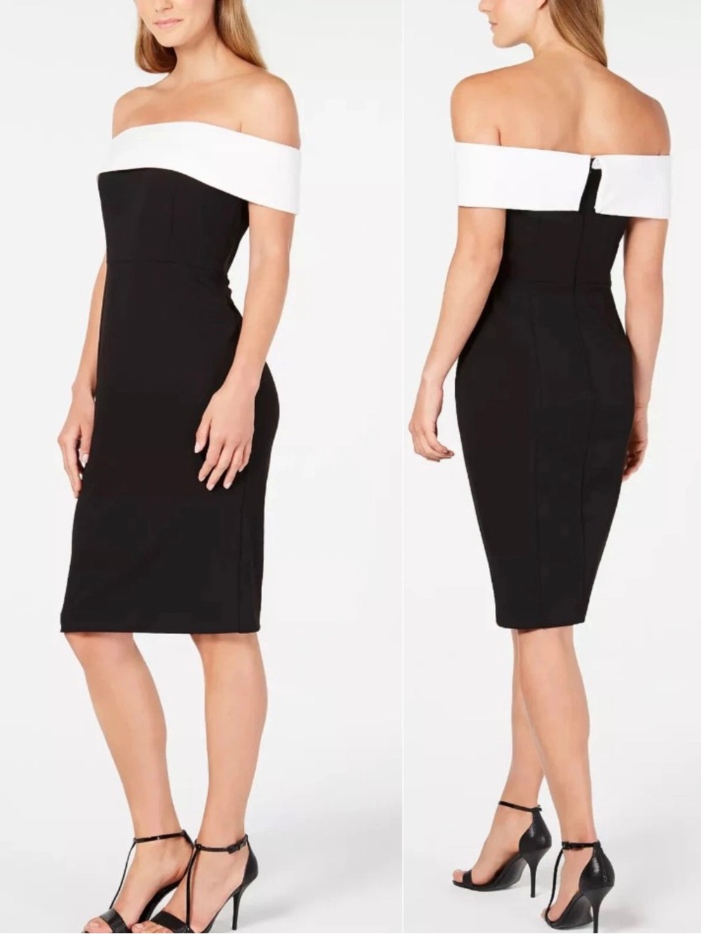 Calvin Klein Black White ColorBlock Off-The-Shoulder Fold-Over Sheath Dress 10